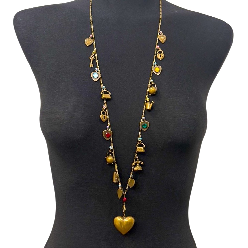 Vintage Brass Charm Necklace Long 19” Tea & Coffee Pots Bags Phones Locks Hearts